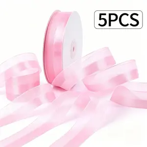 5 Rolls Solid Organza Satin Ribbon Set, 1 Inch x Total 125 Yards Dual-Texture Sheer Ribbon for DIY Ribbon Rose Bouquet, Gift Wrapping, Wedding Party Decor (Pink/Blue/Gray/Beige/Burgundy)