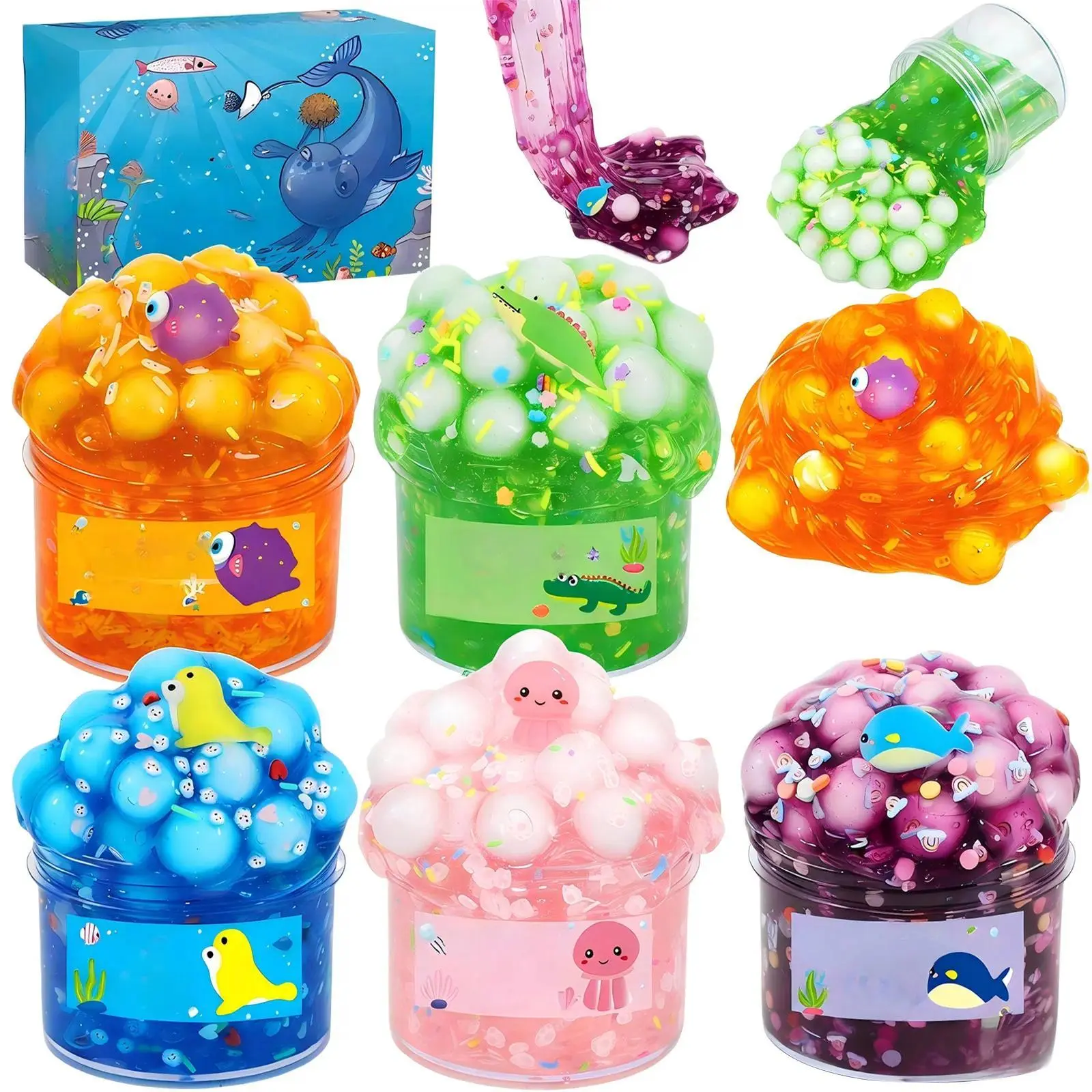 5pcs 70ml Non-Sticky Ocean Crystal Slime Toy Set with Resin Marine Animal Stickers, Kids Stress Relief Sensory Toys for Sensory Activities, Kids Party Favors, Goodie Bag Stuffers for Celebrations, Marine Animals