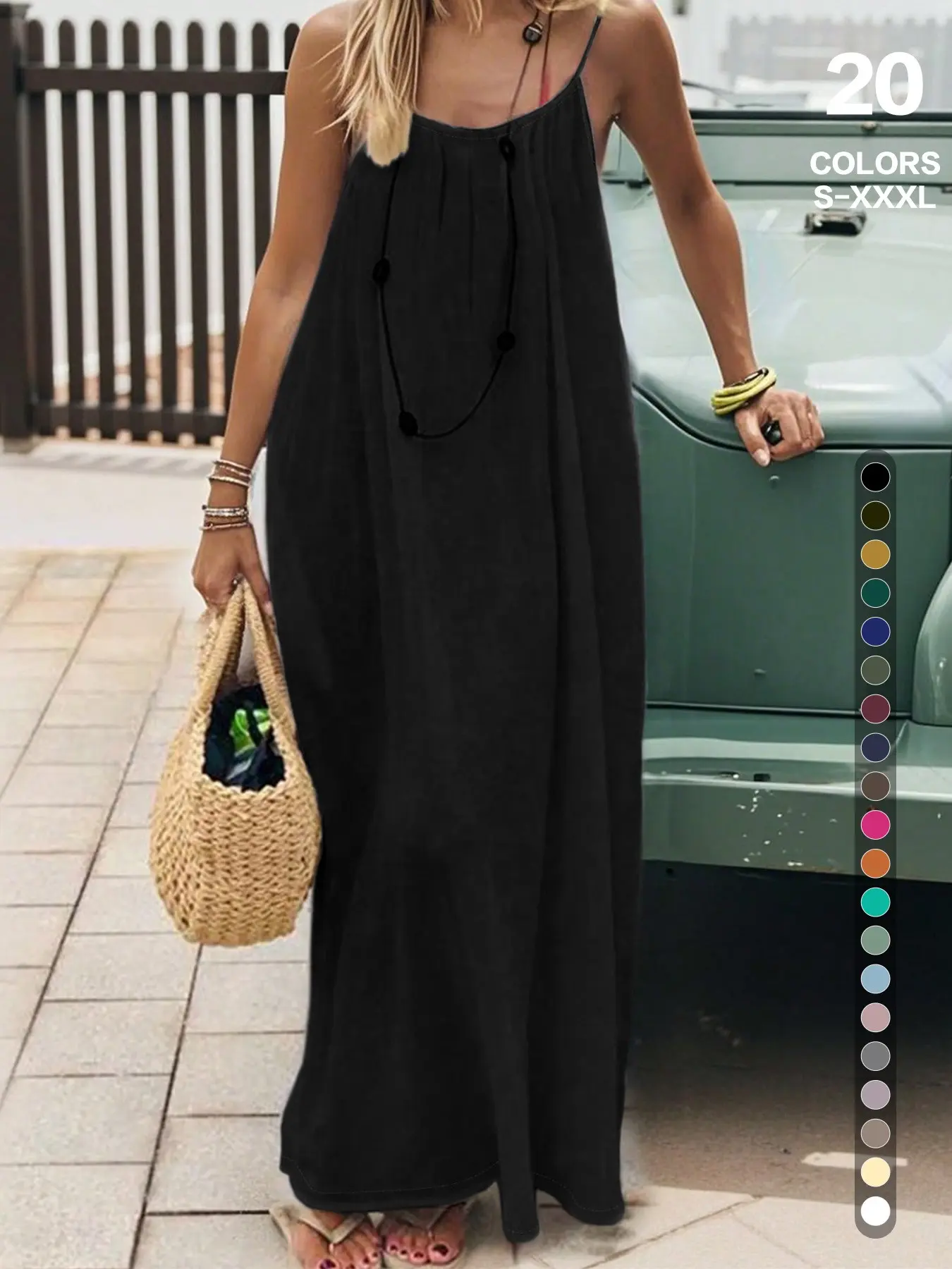Open-Back Adjustable Drawstring Camisole Spaghetti Strap Maxi Dress, Loose Flowy Lightweight Breathable Summer Vacation Style, Plus Size Friendly, 20 Colors, Sizes S-Xxxl, Beach & Casual Wear