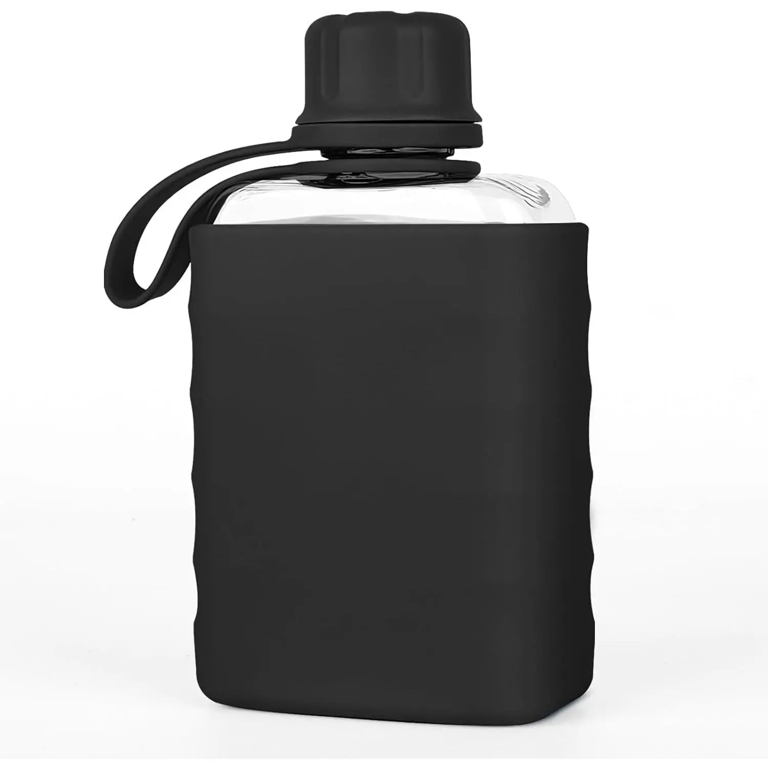 Small Flask with Silicone Sleeve Mini Portable Travel Liquor Flask Clear Tritan Plastic Water Bottles 8.2oz BPA Free Pocket Drinking Alcohol Flask for Outdoor (Black)