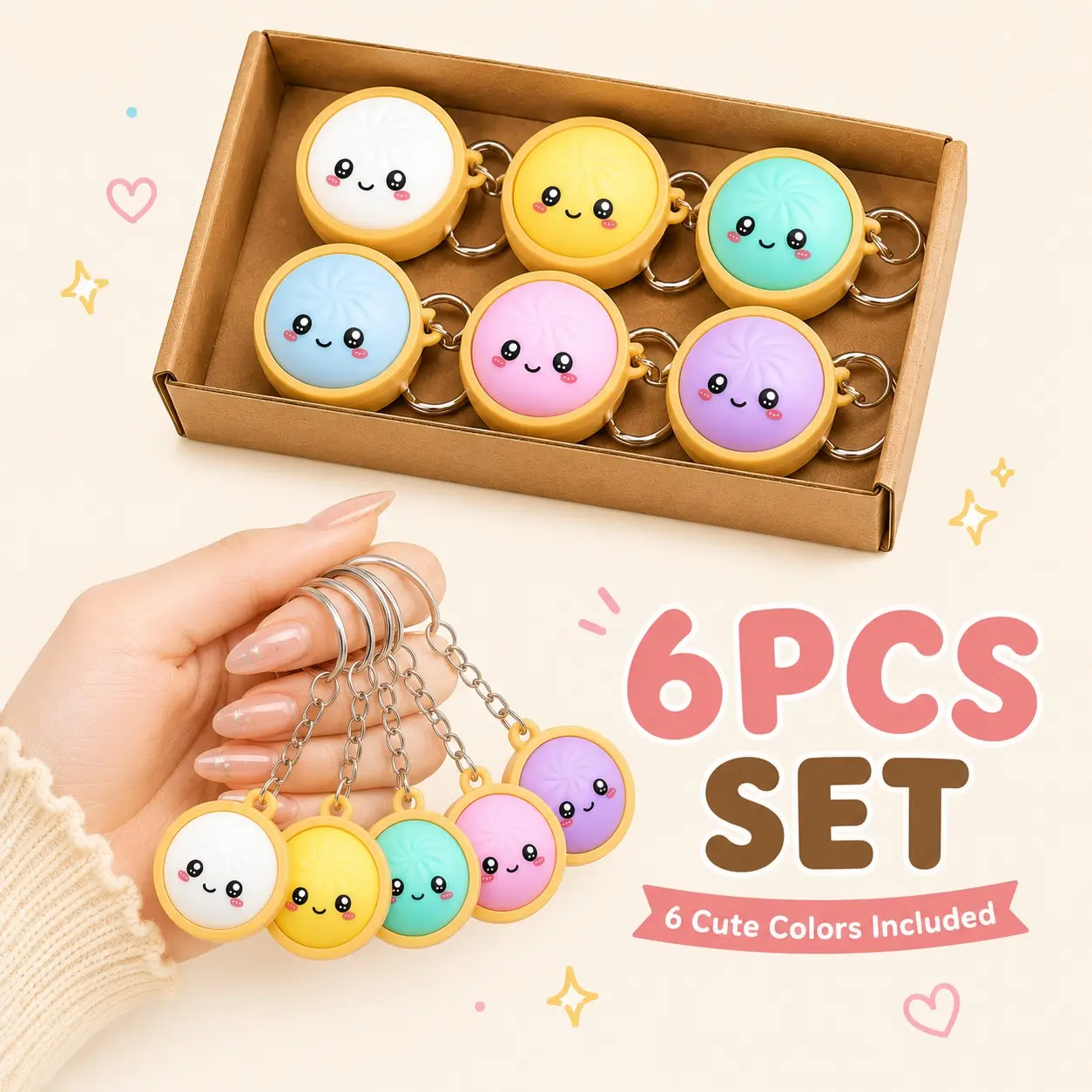 6PCS Cute Bun Keychain Set, Mini Dumpling Food Charms with Metal Key Rings, Colorful Kawaii Pendant Accessories for Bags, Keys, Backpacks, Goodie Bags and Gifts for Adults