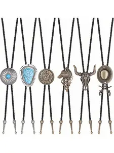 Subiceto 6Pcs Bolo Tie for Men Western Cowboy Natural Turquoise Tiger Eye Stone Necktie Native American Bola Tie Set