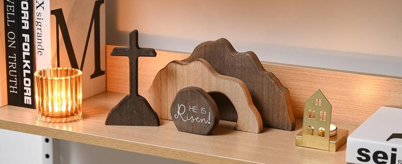 Empty Tomb Wooden Easter Resurrection Scene for Tiered Tray, Jesus Nativity Scene Decor for Religious Decorations, Home Office Tabletop, Shelf Decor