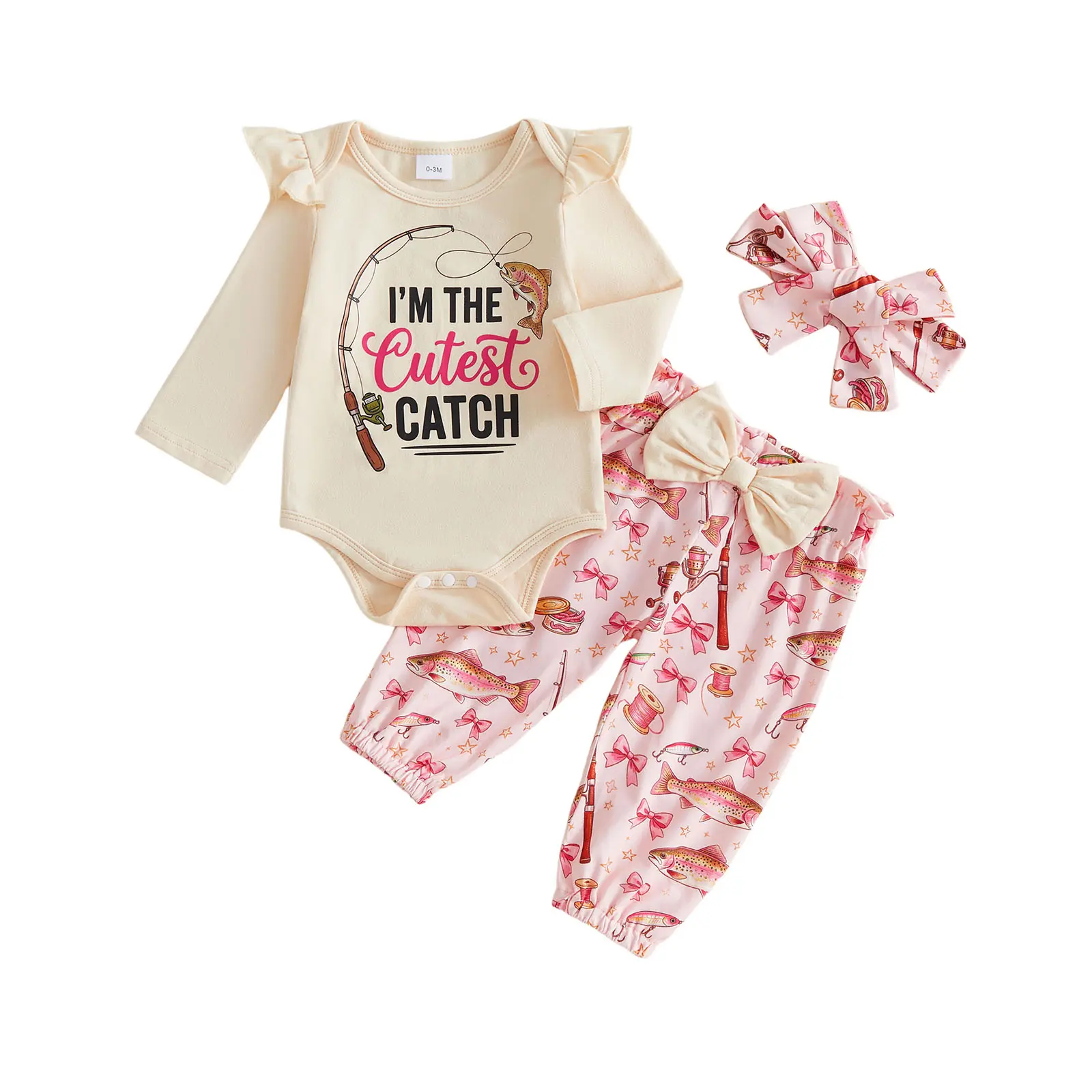 Baby Girl Fishing Outfit Fish Shirt Romper Pants Set Fall Clothes,Newborn Baby Girl Clothes Fishing,Long Sleeve Fishing Romper,Fish Print Long Pants Set with Headband,Infant Fall Outfits