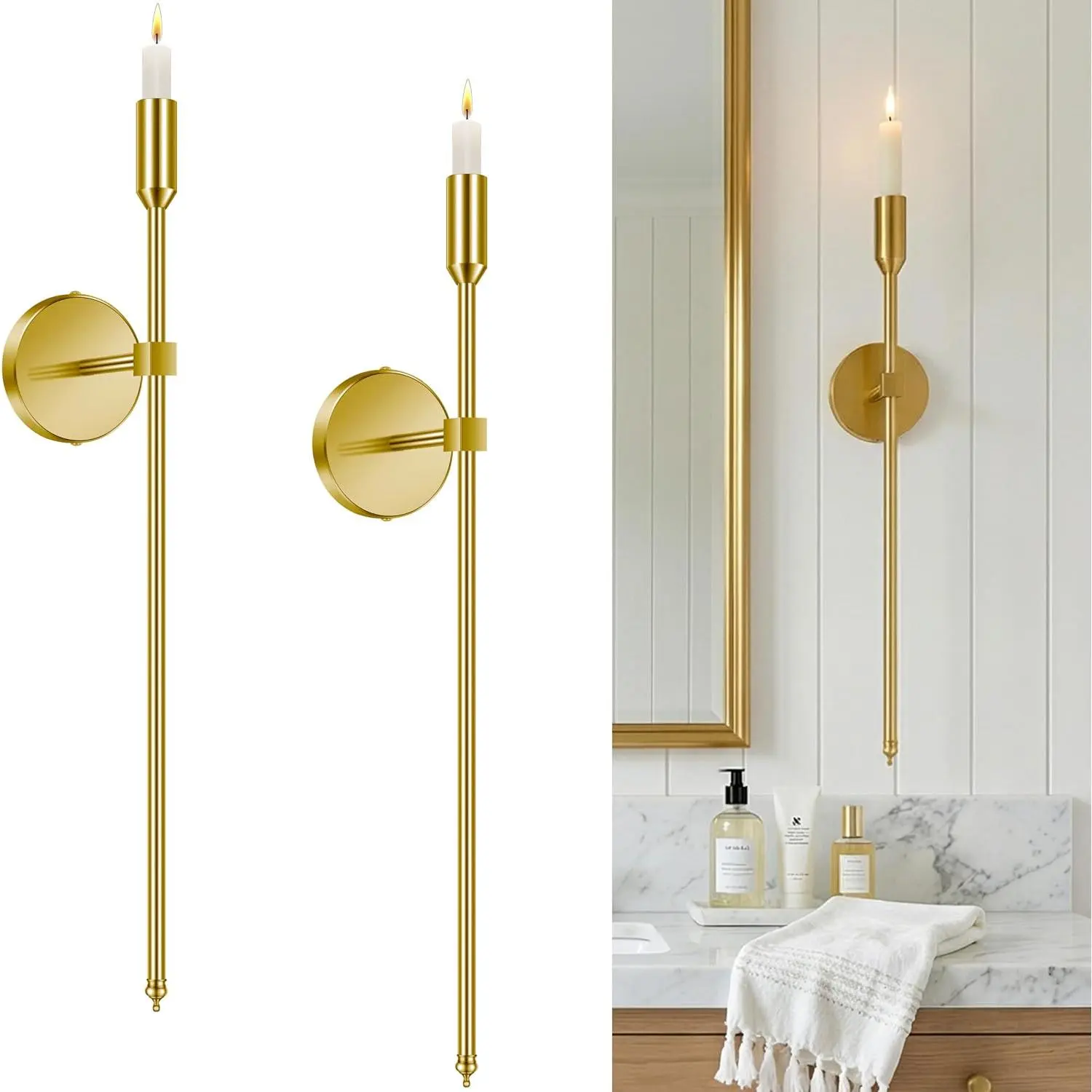 23-inch Large Wall Candle Sconces, Set of 2, Wall Mounted Candle Holder, Modern  Decor for Bedroom, Dining Room, Living Room (Brass)