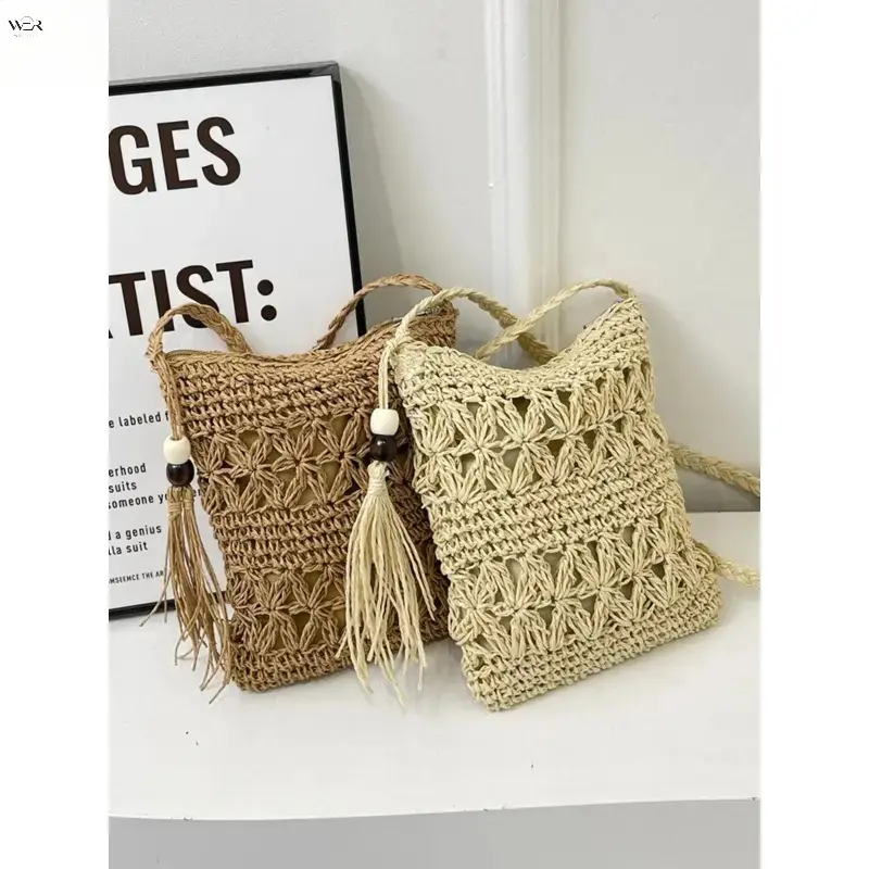 Women's Handwoven Boho Hollow Straw Crossbody Purse - Mini Tassel Bead Design, Summer Beach Vacation Casual Sling Bag, Mini Bag, Soho Chic