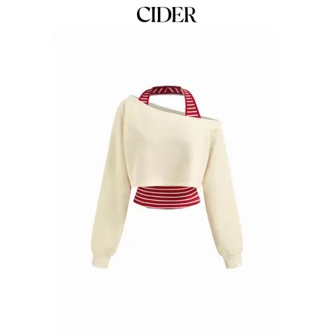 Cider 2-Piece Terry Asymmetrical Neck Crop Sweatshirt With Striped Tank Top