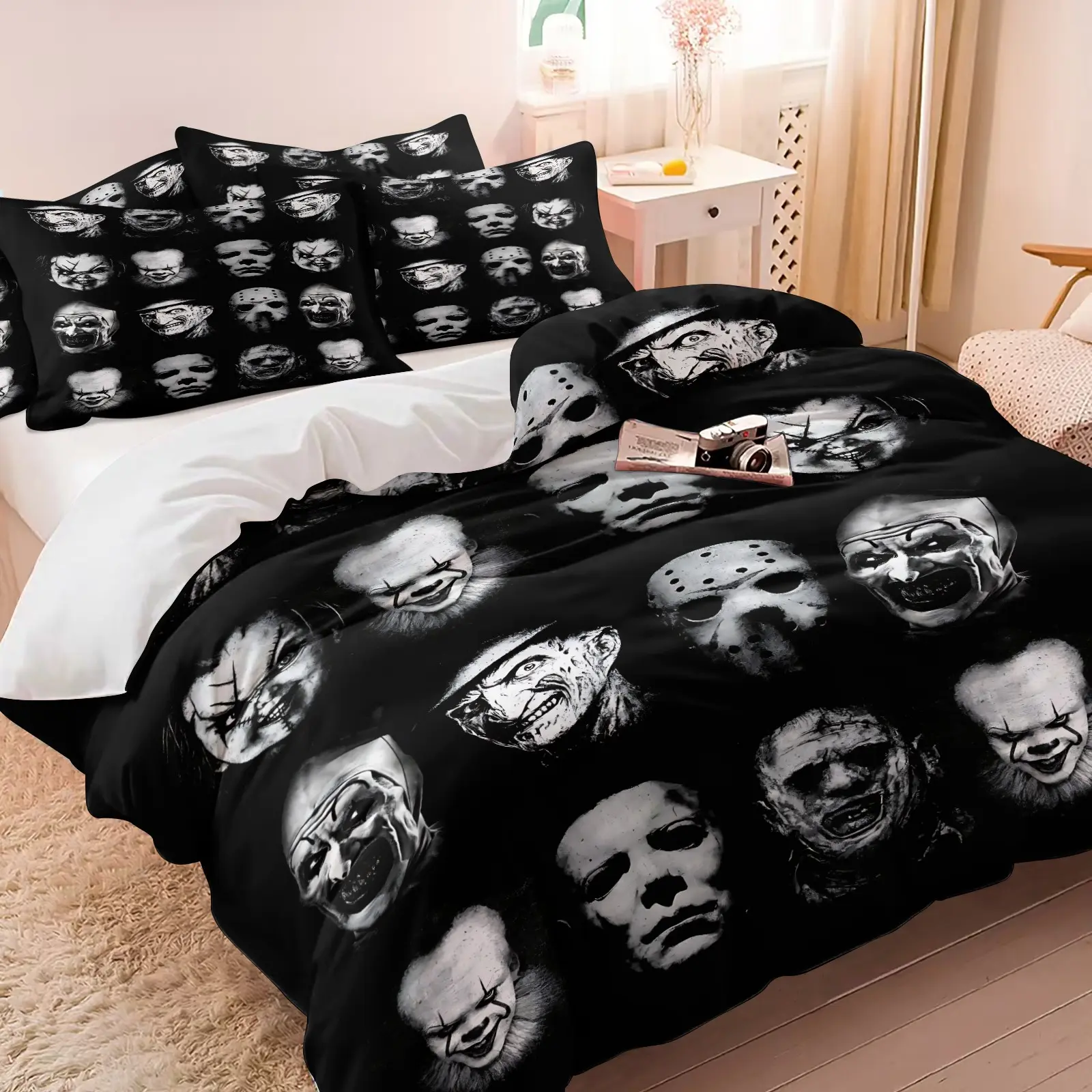 Black-White Classic Horror Villain Print Duvet Cover Set - 1 Duvet + 1-2 Pillowcases - Film Style Hardcore Thriller - Soft Comfort Bedding -For Movie Fans Bedroom Dorm Gaming Room & Halloween Decor Comfy Bedding Sets