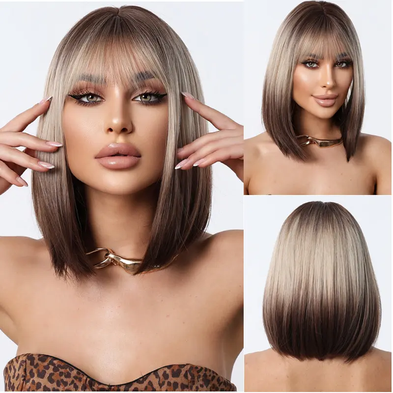 Women's New Short Bob Cut Full Headband Wig with Gradient Gray-Brown Shoulder-Length Design, Shoulder Length Hairstyles