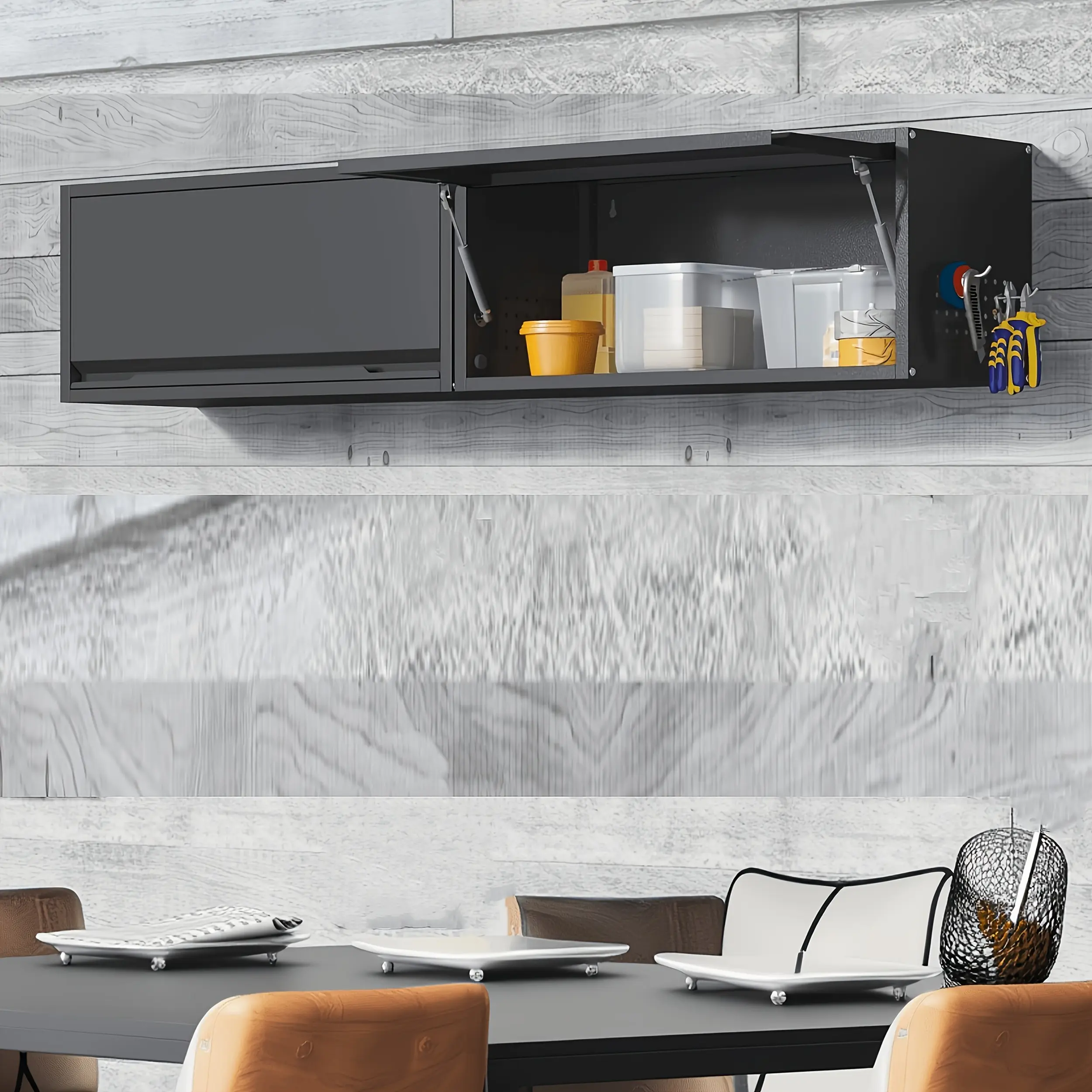 Metal Wall-Mounted Organizer Cabinet with Up-Flip Door |   Storage Cabinet, Kitchen Cupboard, Garage Cabinets, Hanging Tools Cabinets for Home, Office, Basement, Pantry, Kitchen, Warehouse, and Workshop (Assembly Required, Black+Grey) by LONGLICO