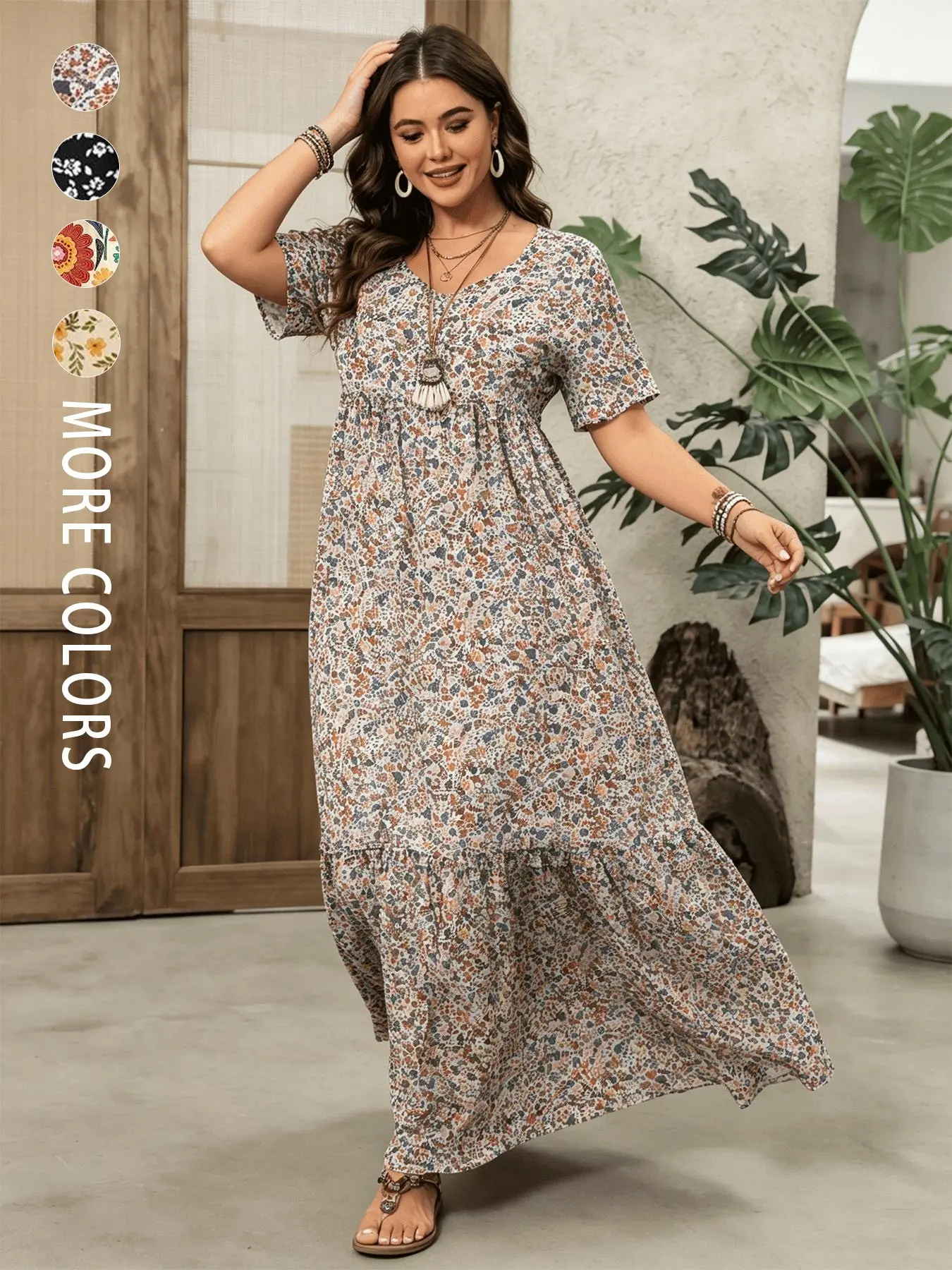 Plus size women's plus size fashionable random geometric print pattern short sleeved casual long dress, layered cake skirt to decorate the body, suitable for commuting and indoor/outdoor wear, Summer clothes women
