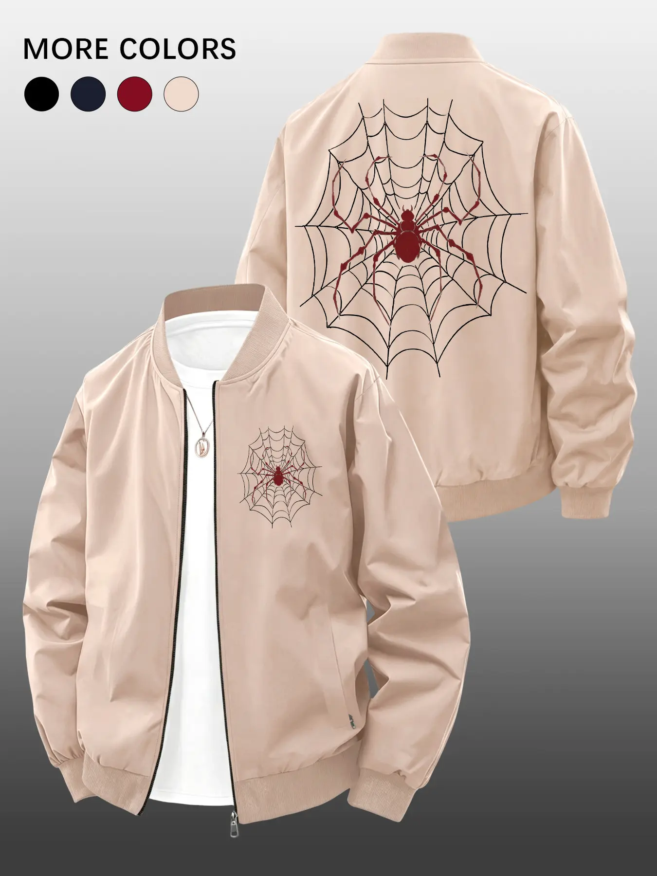 Men's Spring Fall Casual Zipper Jacket, Fashionable Spider Web Print, Portable Zip Pocket Design, Street Style Outerwear, Casual Loose Jacket