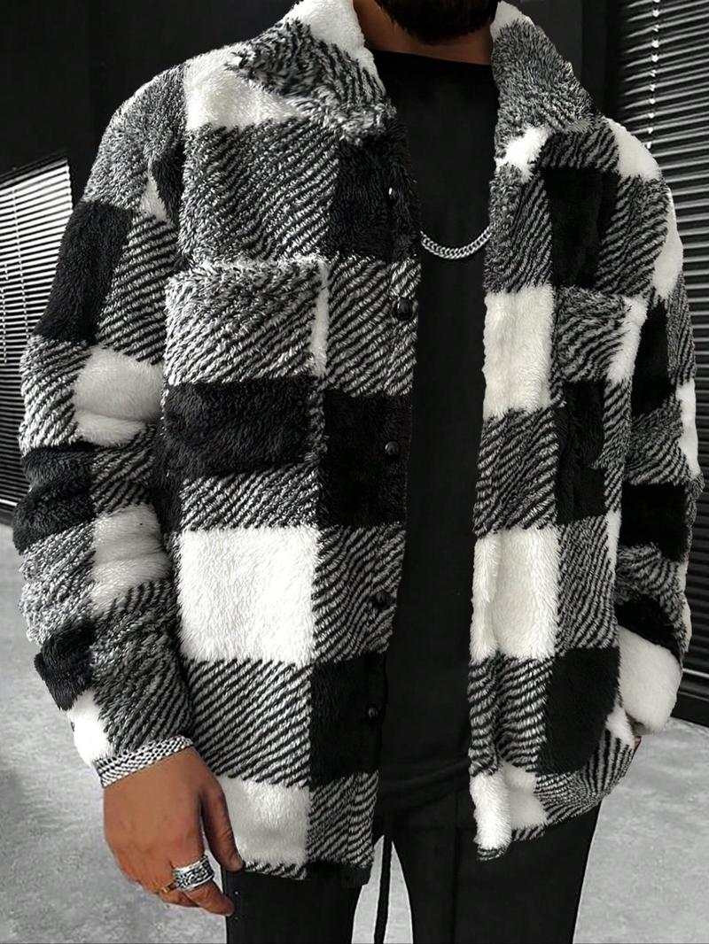 Men's Plaid Pattern Button Front Plush Jacket, Casual Drop Shoulder Long Sleeve Outerwear for Fall & Winter, Men's Clothes for Daily Wear, Coats