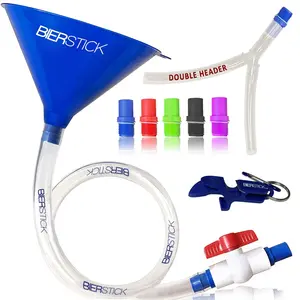 Beer Bong Tube and Funnel with Valve, Optional Single or Double Header Y-Attachment, 5 Interchangeable Mouthpieces, Shotgun Keychain Tool, Kink-Free Hose for Beerbong (Blue)