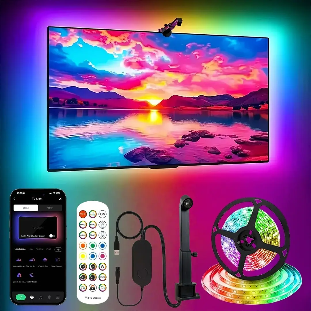 16.4ft Game Light Strip, USB LED TV Backlight for 55-65 Inch Tvs,Includes Remote Control，Color Sync, Ar Sensor, Bluetooth-compatible Control, Music Sync, Holiday Gift