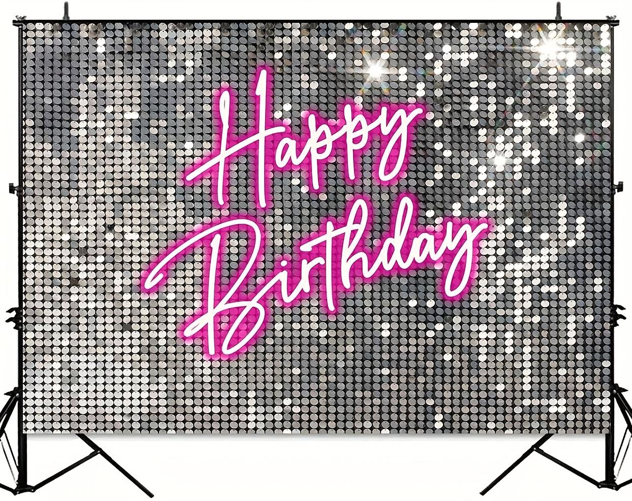 Sparkling Pink Neon Birthday Backdrop - Premium 100% Polyester Soft & Glitter Photography Banner with "Happy Birthday" Text - Perfect for Women's Milestone Parties, Photo Booths & Home Decor