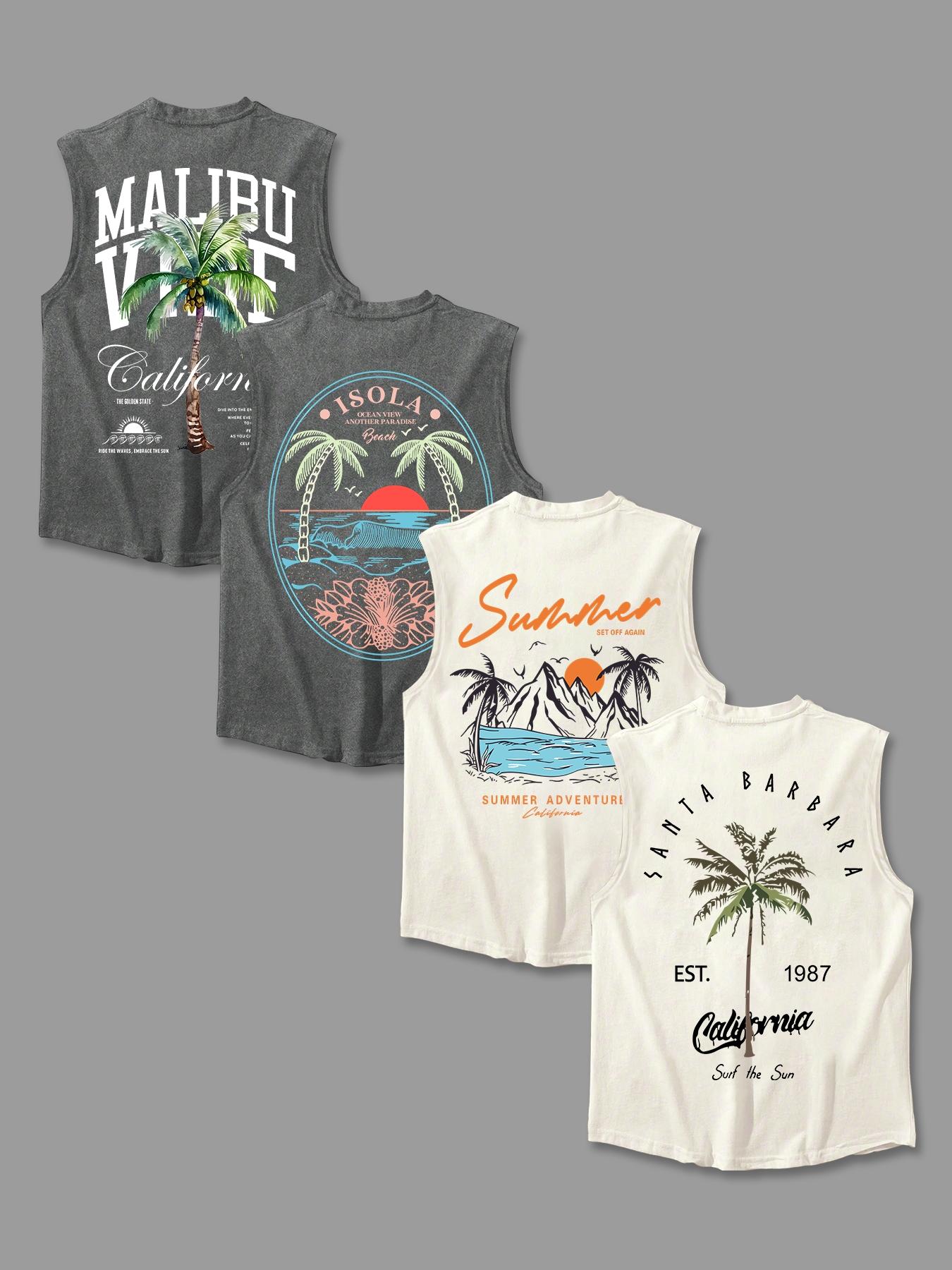 Men's Letter & Tropical Print Round Neck Tank Top, Regular Fit Casual Sleeveless Crew Neck Vest for Summer, Men's Top for Daily Wear, Sleeveless Tank Tops