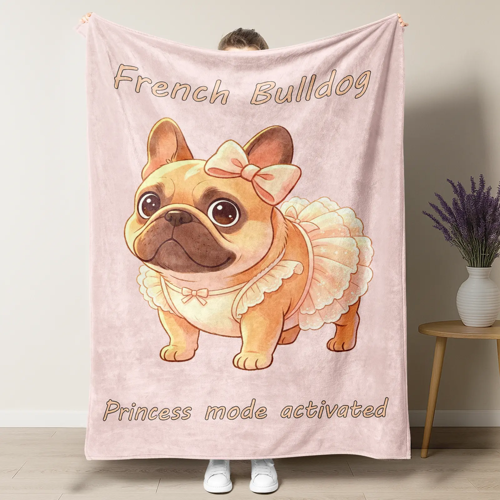 Pink Princess French Bulldog Flannel Throw Blanket