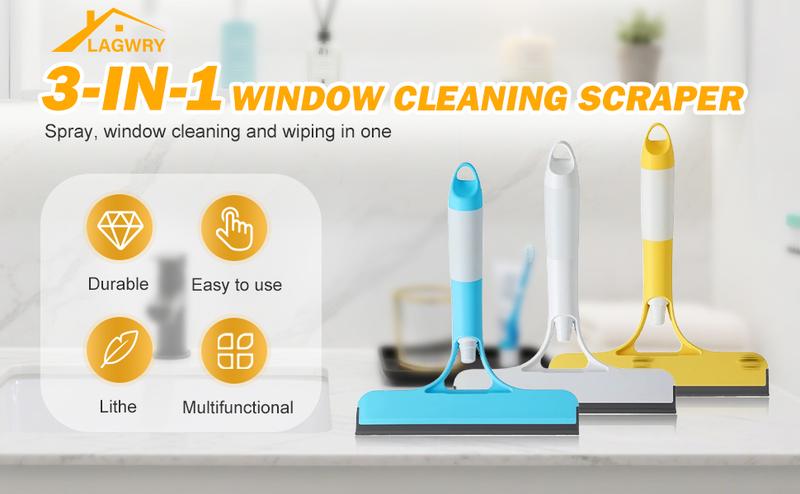 3 in 1 Window Cleaning Scraper, 2025 New Squeegee for Shower Glass, 3 in 1 Spray Function for Glass Doors for Windows Glass, Mirrors Scraper, Brush. All-Purpose Window Cleaner Tool (Blue)
