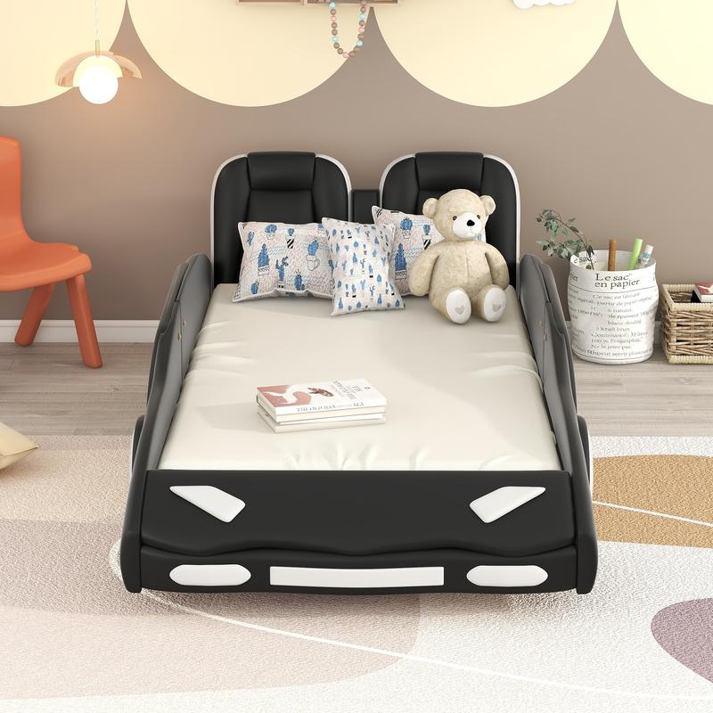 [Bellemave]Twin Size Race Car-Shaped Platform Bed with Wheels, Black    RR