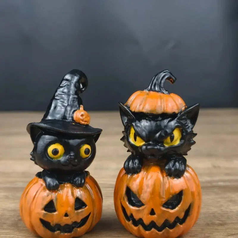 Halloween Cat Pumpkin Decor Set, Cute Witch Hat Cat and Expressive Pumpkin, Realistic Design, Perfect for Home Décor, Halloween Festival