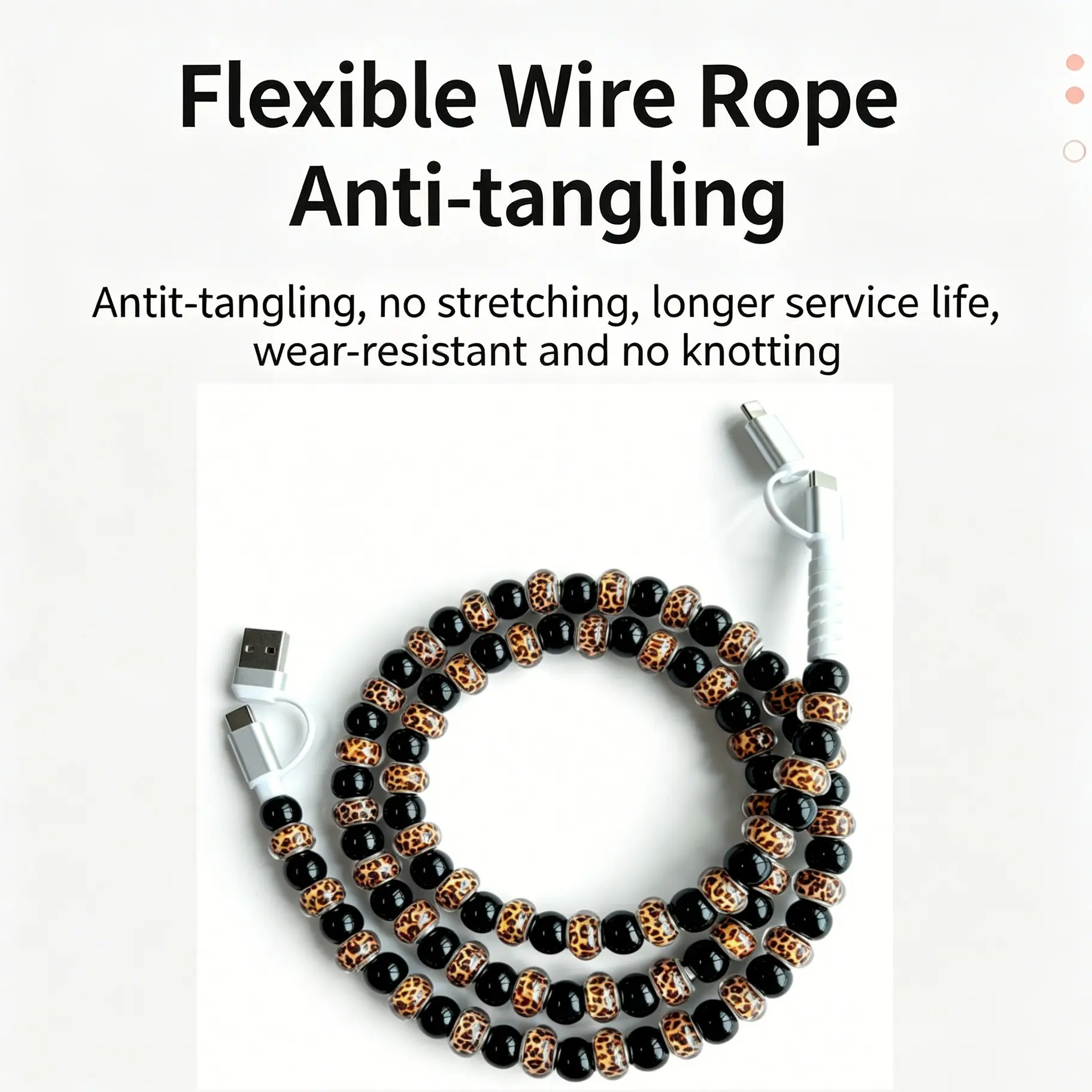 Four-In-One Acrylic Beaded Charging Cable, Compatible with USB-C and Lightning Devices, 3.3 Feet, Ideal for Quick Charge, Holiday Gift