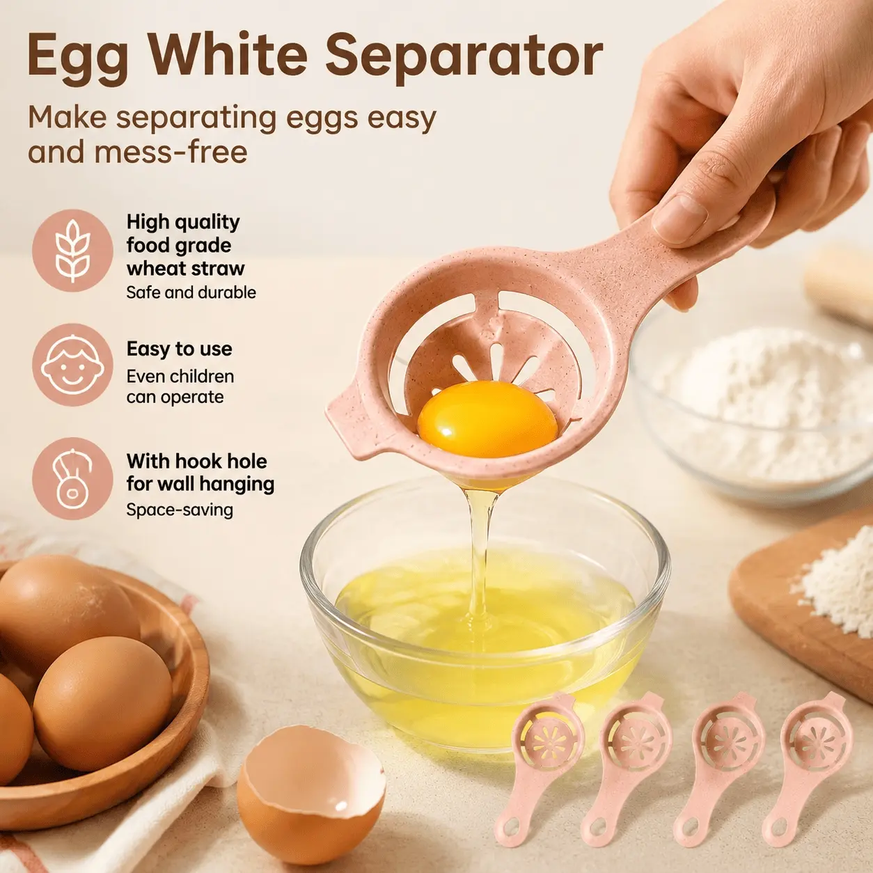 4-Pack 2-in-1 Egg Separator & Strainer for Multiple Eggs, Egg White Separator, Non-Slip Handle, Easy Clean, Durable Baking Tool for Cake DIY