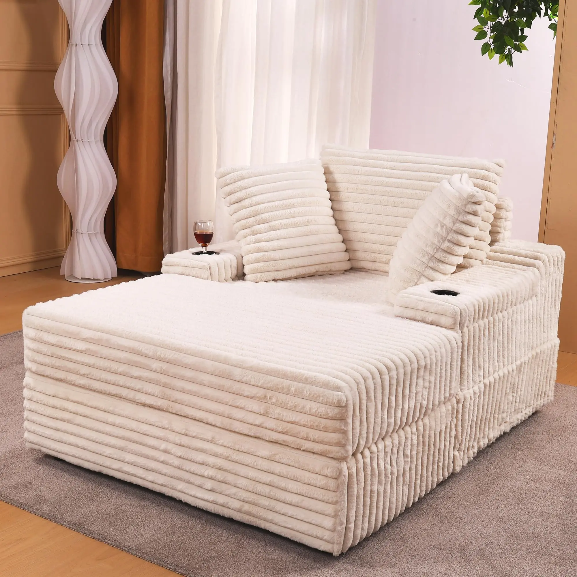Oversized Corduroy Chaise Lounge Indoor with Storage Ottoman and 3 Pillows Convertible Cloud Sofa Bed Single Sleeper Couch for Living Room Bedroom
