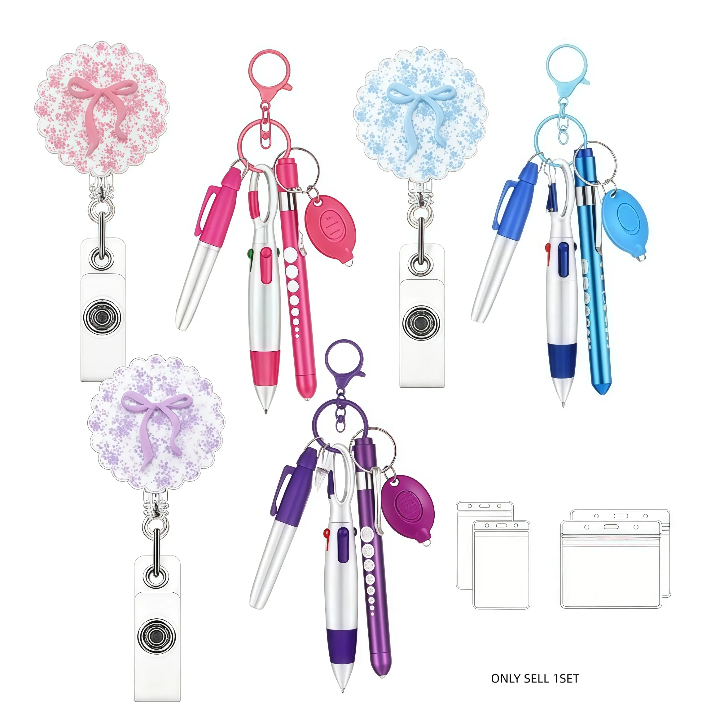 Floral Lace Bow Stretch Badge Roll Kit, Multi-Functional Keychain Pen & ID Card Holder, Ideal for Nurses, Doctors, Office Staff