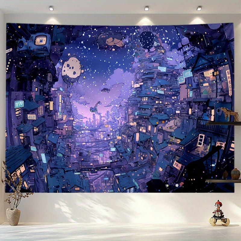 Starry Night Anime Town Tapestry - Polyester Wall Hanging for Bedroom & Living Room Decor, Includes Free Accessories