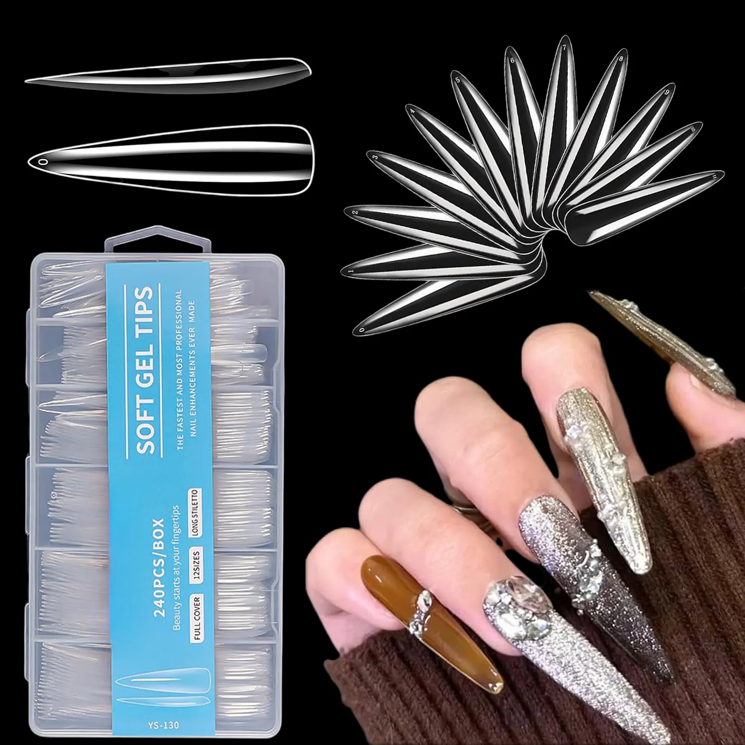 240 Pcs XXXL Extra Long Stiletto Nail Tips, 12 Sizes No C Curve Pre-Etched Clear Soft Gel Full Cover Fake Nails, Reusable Acrylic Nail Extensions for Home DIY Manicure & Professional Salon Supplies