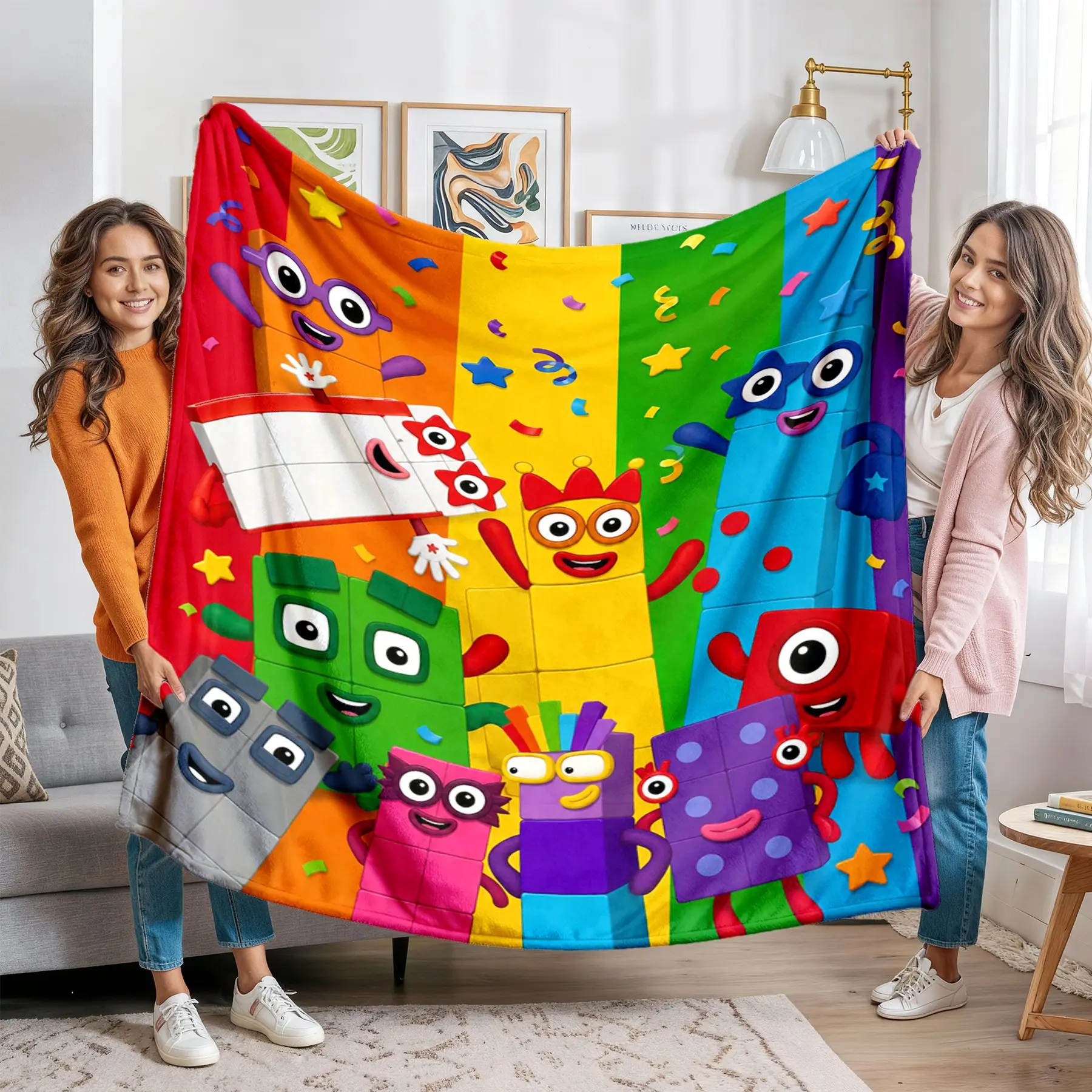 Colorful Cartoon Alphabet Flannel Throw Blanket, Playful Letter Characters, Stars and Confetti, Kids' Bedroom, Playroom, Cozy Sofa Use