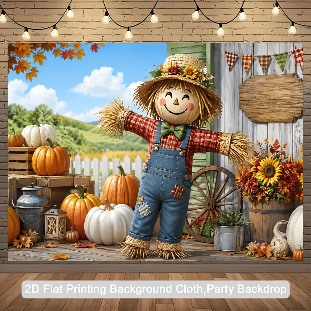 2D Flat Banner HD digitally printed polyester photography backdrop, fall harvest theme with friendly scarecrow and pumpkins pattern, soft lightweight foldable background cloth suitable for parties, event photos, portrait photograp