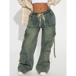 Met My Match Baggy Cargo Jeans, Vintage Wash Adjustable Bottoms 90s Style Denim Pants