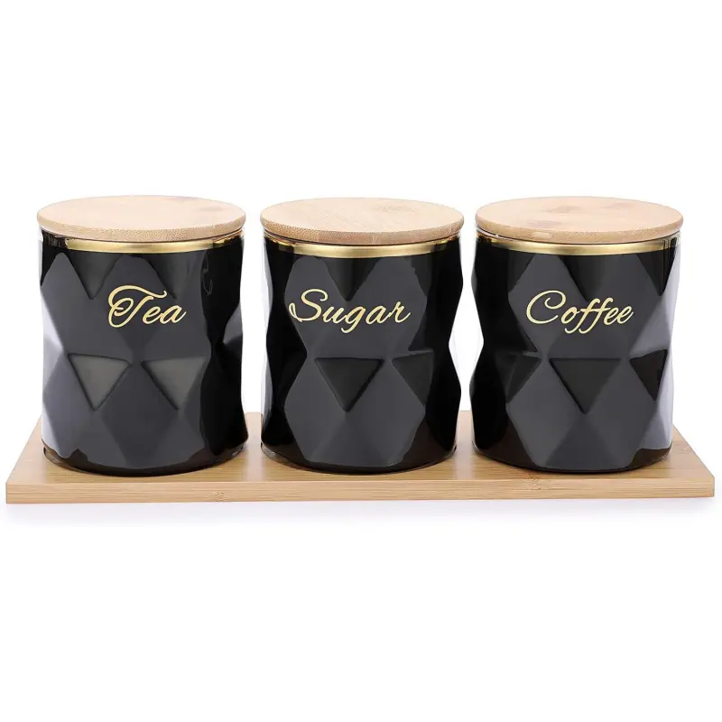 Ceramic Canisters Set for Sugar Coffee Tea, Luxurious Storage Containers Set with Lids Decorative Storage Pots Black Storage Jar for Kitchen Counter Dining Room