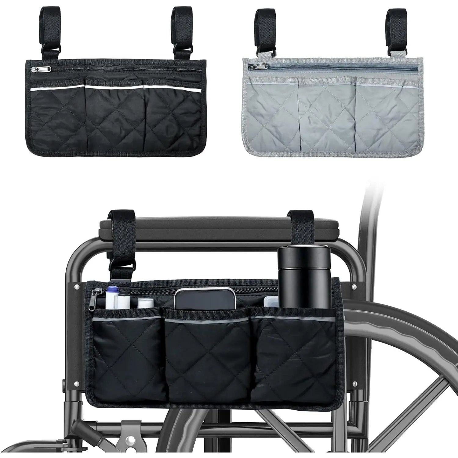 2 Pack  Side Bag, Armrest Pouch with Reflective Stripe, Detachable Rollator Bag  Pouch Side Pocket Organizer Bags for Wheelchairs, Walkers or Rollators (Black Gray)