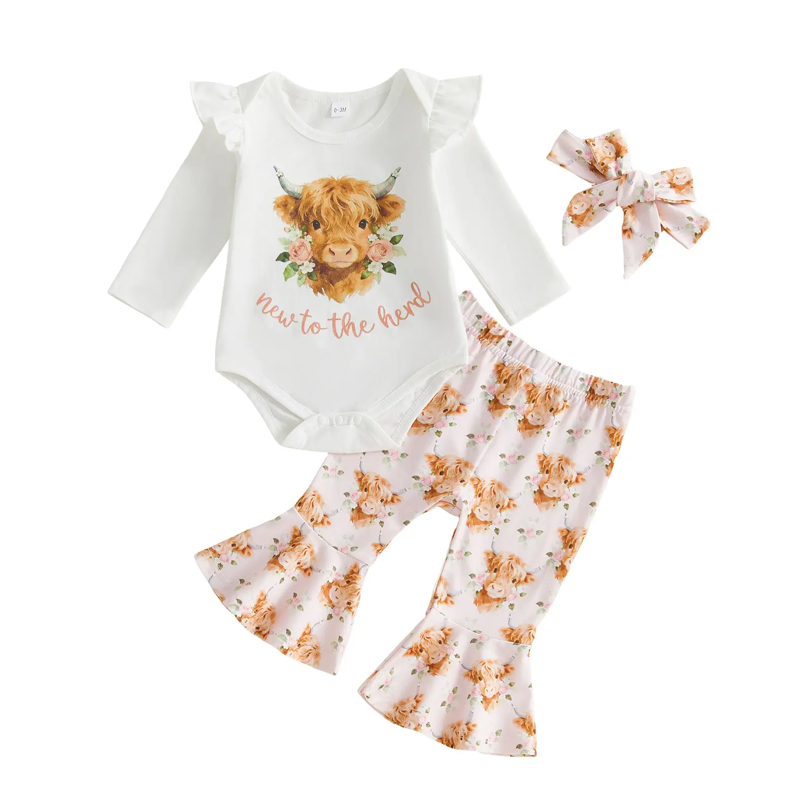 Infant Baby Girl 3-Piece Cow Print Outfit Set - Long Sleeve Romper, Flared Pants, Headband for Fall Winter (0-12 Months)