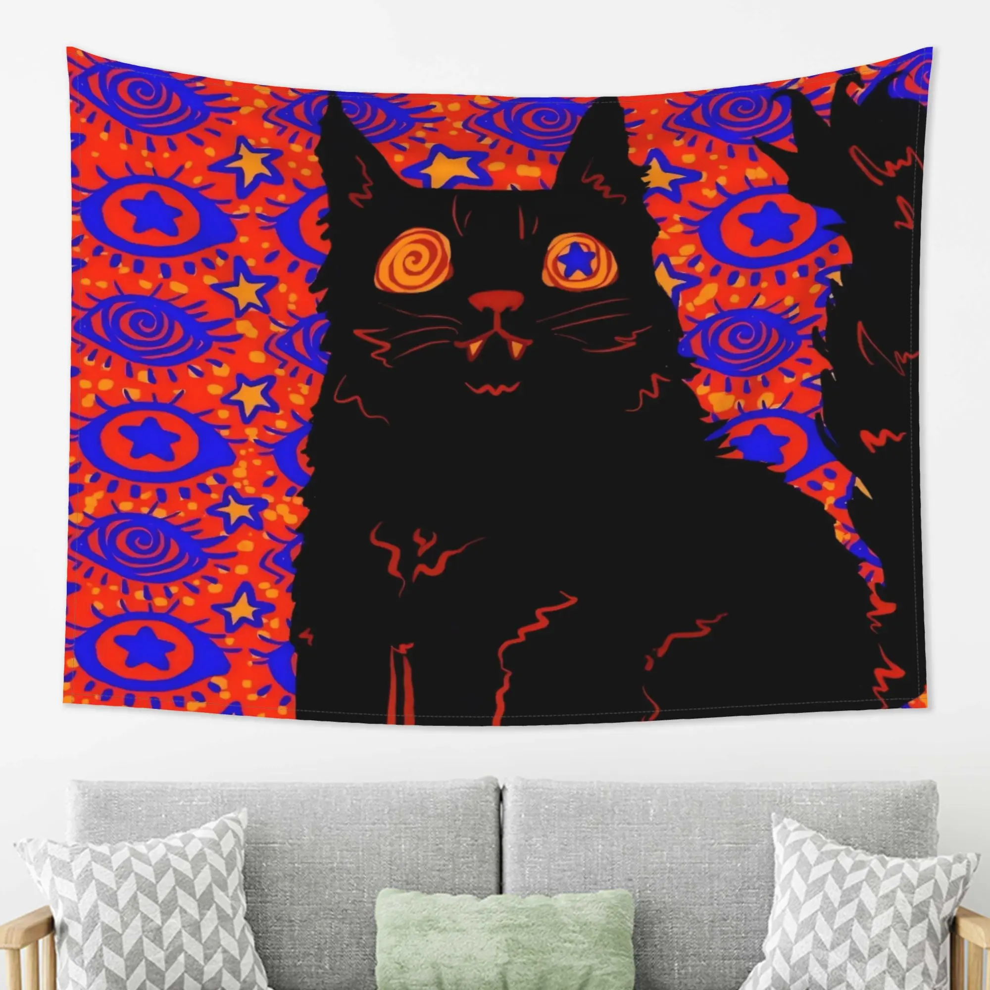 Psychedelic Cat Decorative Tapestry Wall Hanging - Peachskin, Smooth, Lightweight Minimalist Boho Trippy Print, Indoor Use Room & Wall Decor, Perfect Bedroom Accent Gift for Cat Lovers, Cloth, Room Decor