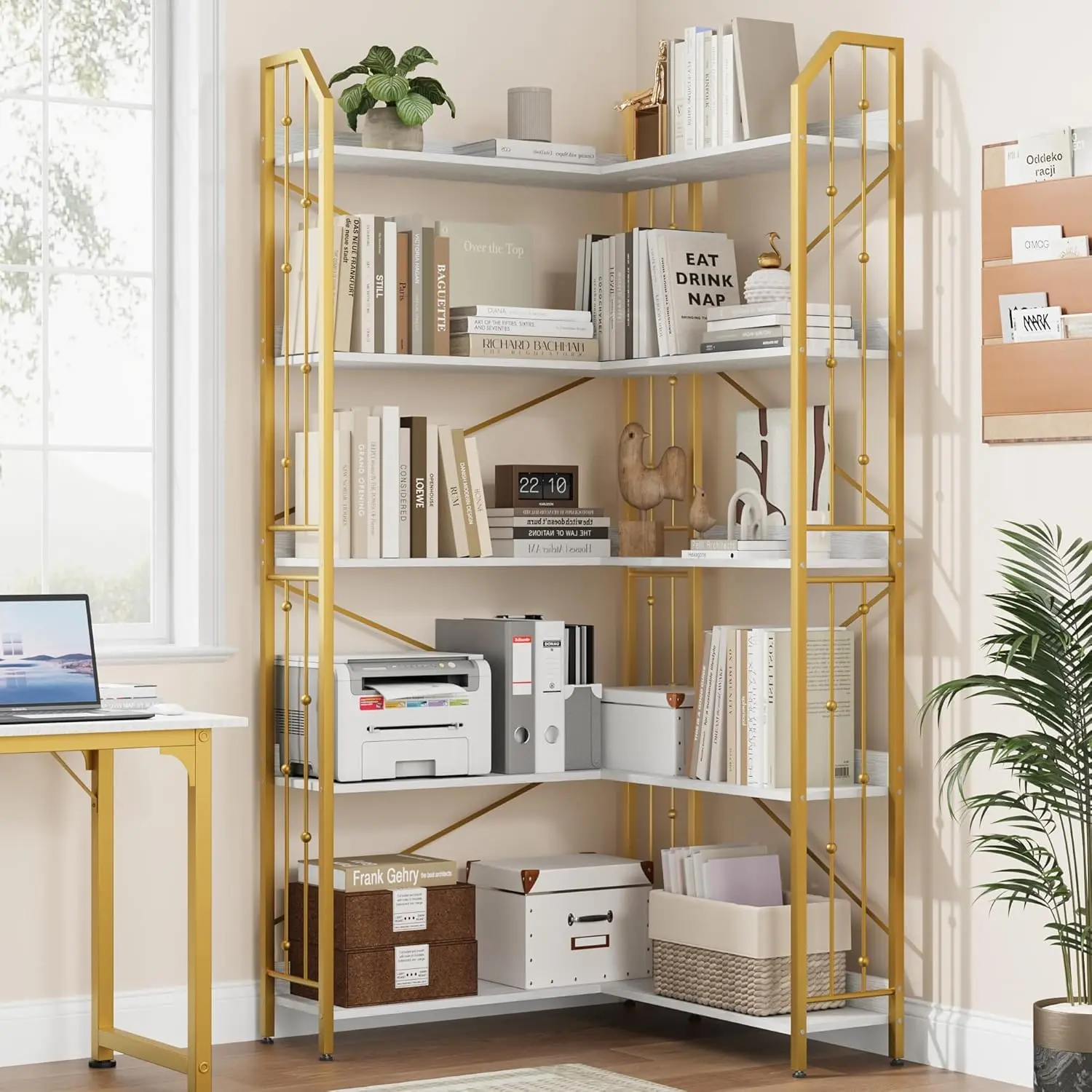 5 Tier Gold Corner Bookshelf, l-Shaped Bookcase, 72" Tall Corner Bookcase with Beaded Design, Large Display Shelf for Living Room Bedroom