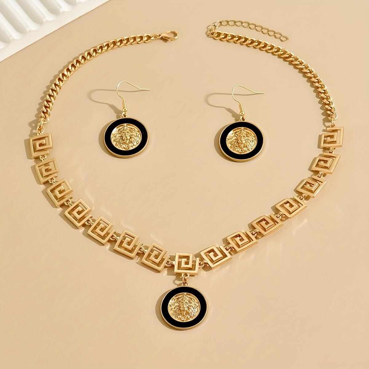 Inspired design fashion classic necklace and earring set with enamel lion head and Great Wall pattern chain, unisex style, elegant and luxurious, suitable for both men and women