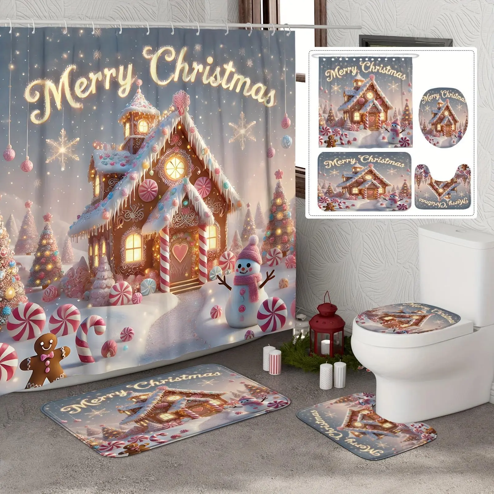 4-Piece Shower Curtain Set, Includes Shower Curtain, Non-Slip Mat, and Toilet Seat Cover; Christmas 4-Piece Shower Curtain Set; Merry Christmas Winter Shower Curtain Set—Snowmen, Candy Canes, and Gingerbread; Cute Pink and Brown Washable Bathroom Decor