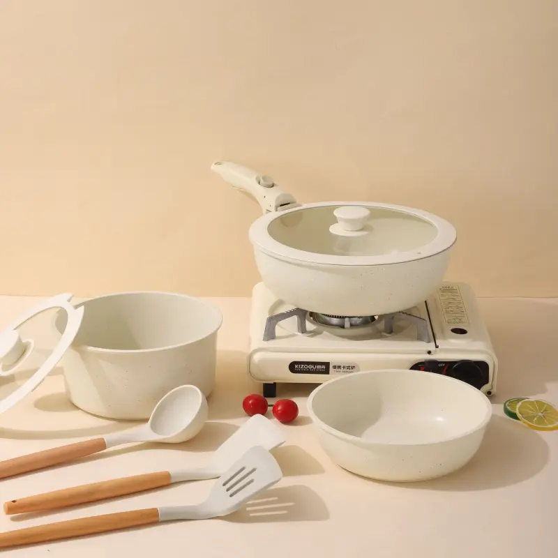 Granite Maifan Stone Kitchen Cookware Set with Detachable Handles, Non-stick Wok, Frying Pan & Milk Pot for Gas and Induction Cookers