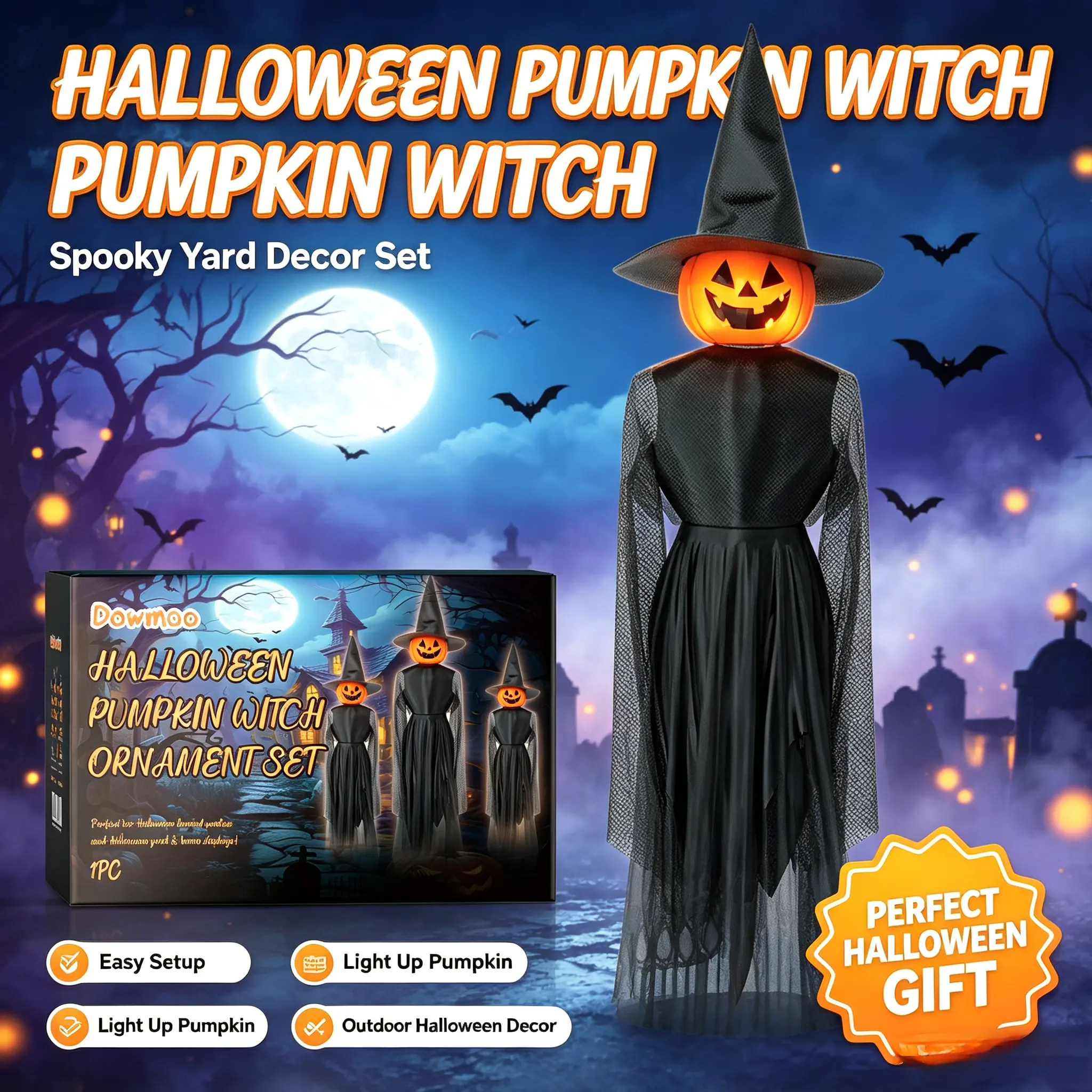 Light Up Pumpkin Witch Ornament Set - Halloween Gag Toy, Outdoor Garden Decor, Holiday Party Prop, Novelty Gift for Toys & Hobbies