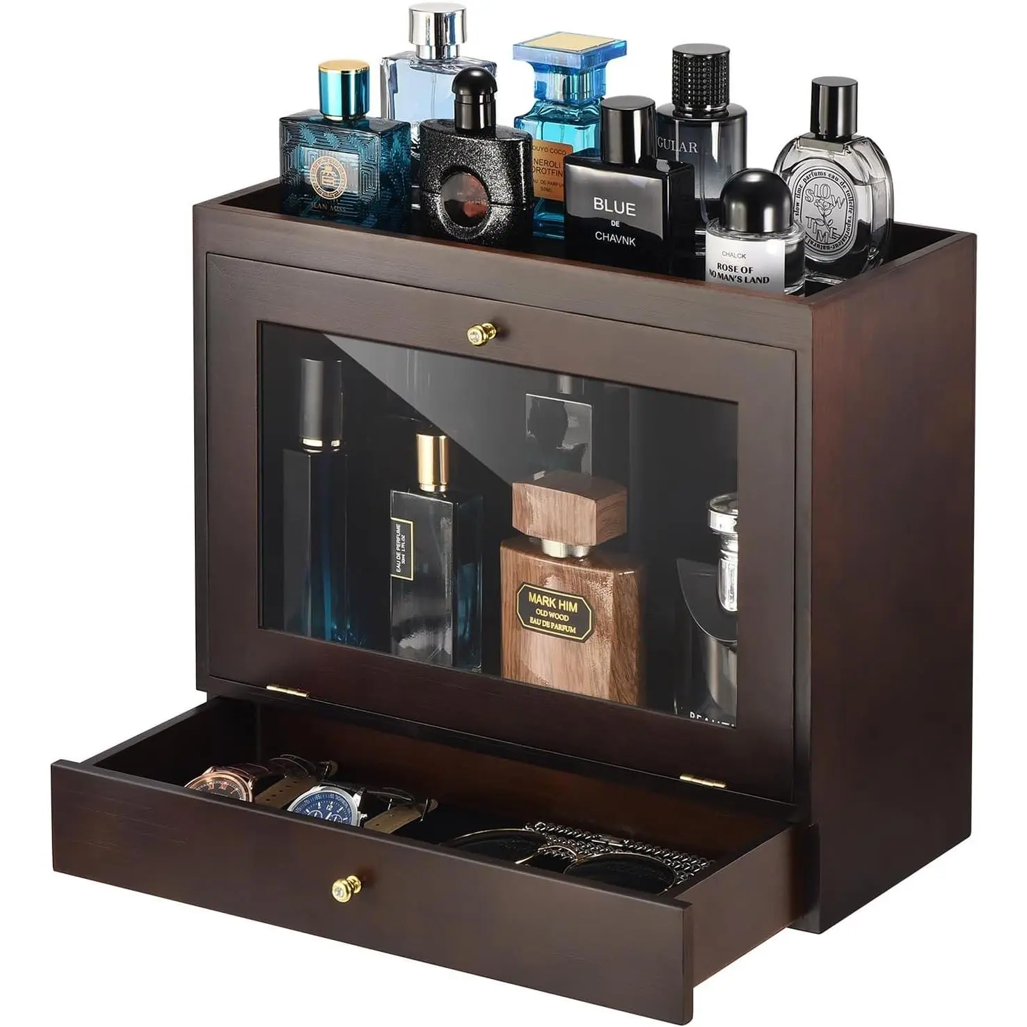 Perfume Organizer for Men,  Perfume Display Stand with  Lining Drawer,Capacity  Perfume Holder for Watch,,Perfume Display Risers,A  for Men (Walnut)