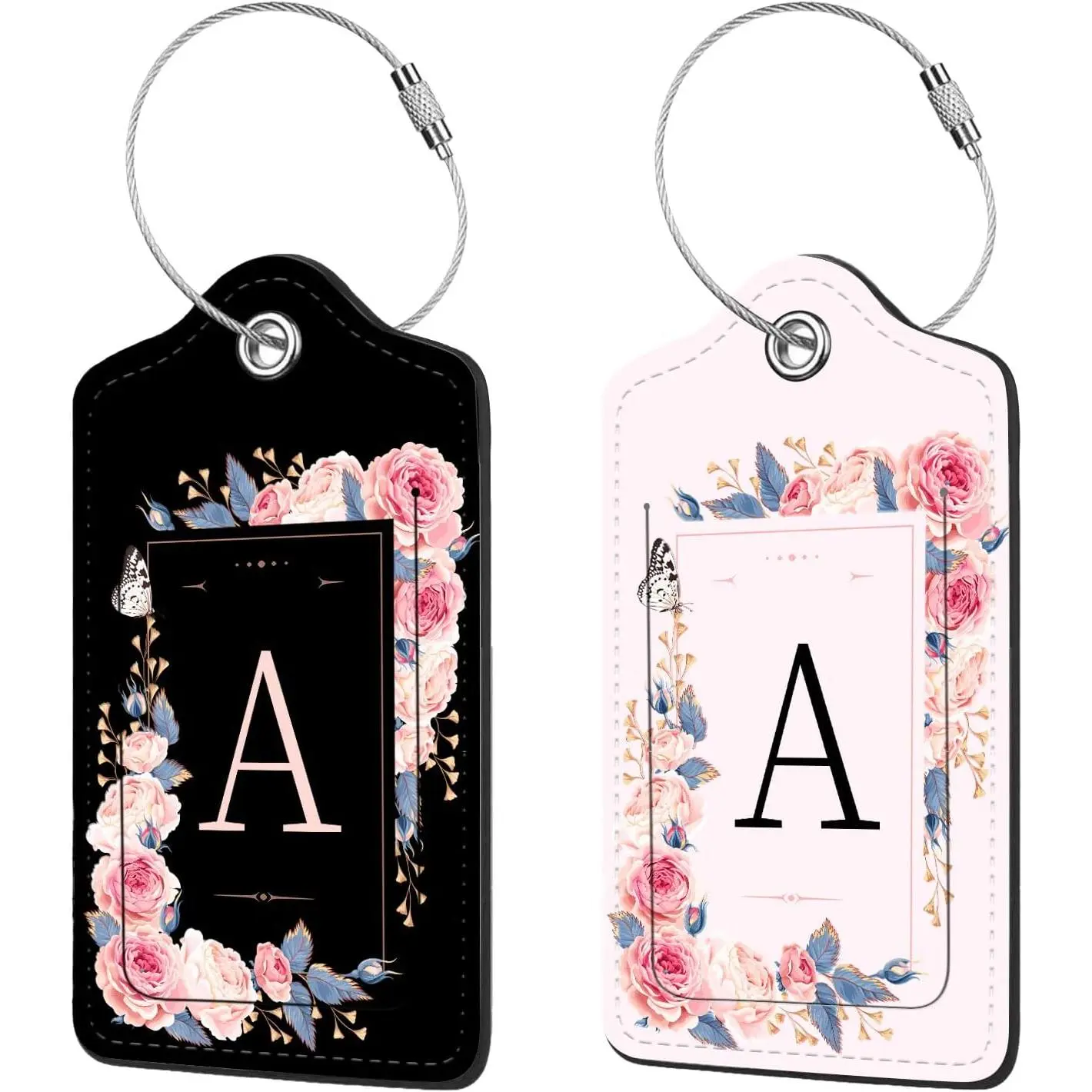2 count PU Leather Luggage Tag for Suitcases with  Shield and Name ID Tag Address Card Travel Cruise Luggage Tag, Suitable for Men and Women Baggage Handbag Backpack,Flower and Monogram(Letter A