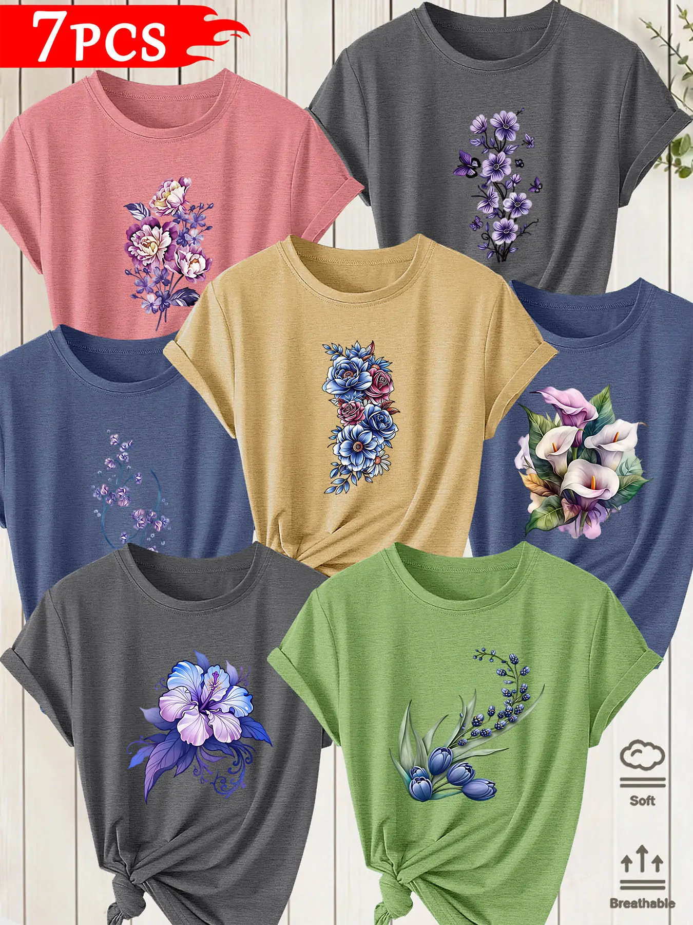 7Pcs Women's Crew Neck Short Sleeve Tops, Blue Purple Floral Pattern, Multiple Colors Optional, Machine Washable Spring Summer T-shirts, Soft Skin-Friendly Fabric, Daily Travel Outfits, Fashion Fresh Style Women Clothing