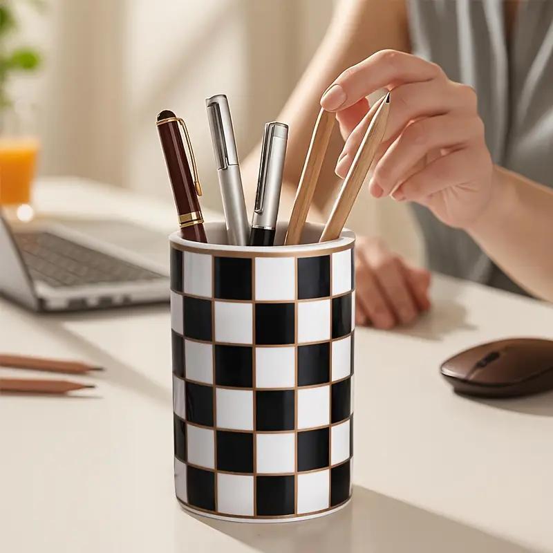 Modern Black White Ceramic Toothbrush Holder Grid Bathroom Vanity Organizer for Countertop Storage Decorative Shower Bathroom Essentials
