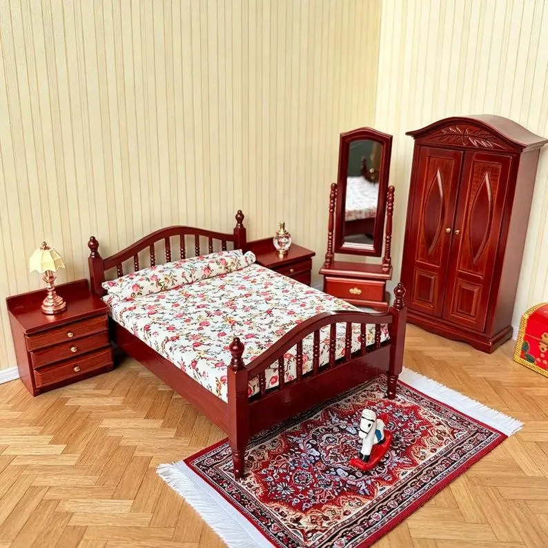 2026 New Vintage 1:12 Scale Dollhouse Bedroom Set, Floral Bed, Nightstand, Wardrobe and Full-Length Mirror, Mini Micro Scene Decor Ornaments (Not For Real Human Use)