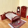 2026 New Vintage Rustic Redwood 1:12 Scale Dollhouse Complete Bedroom Set - Luxury House Theme Decorative Miniatures, Including Floral Bed, Nightstand, Wardrobe, Full-Length Mirror, Mini Micro Scene Ornaments (Not for Human Use)