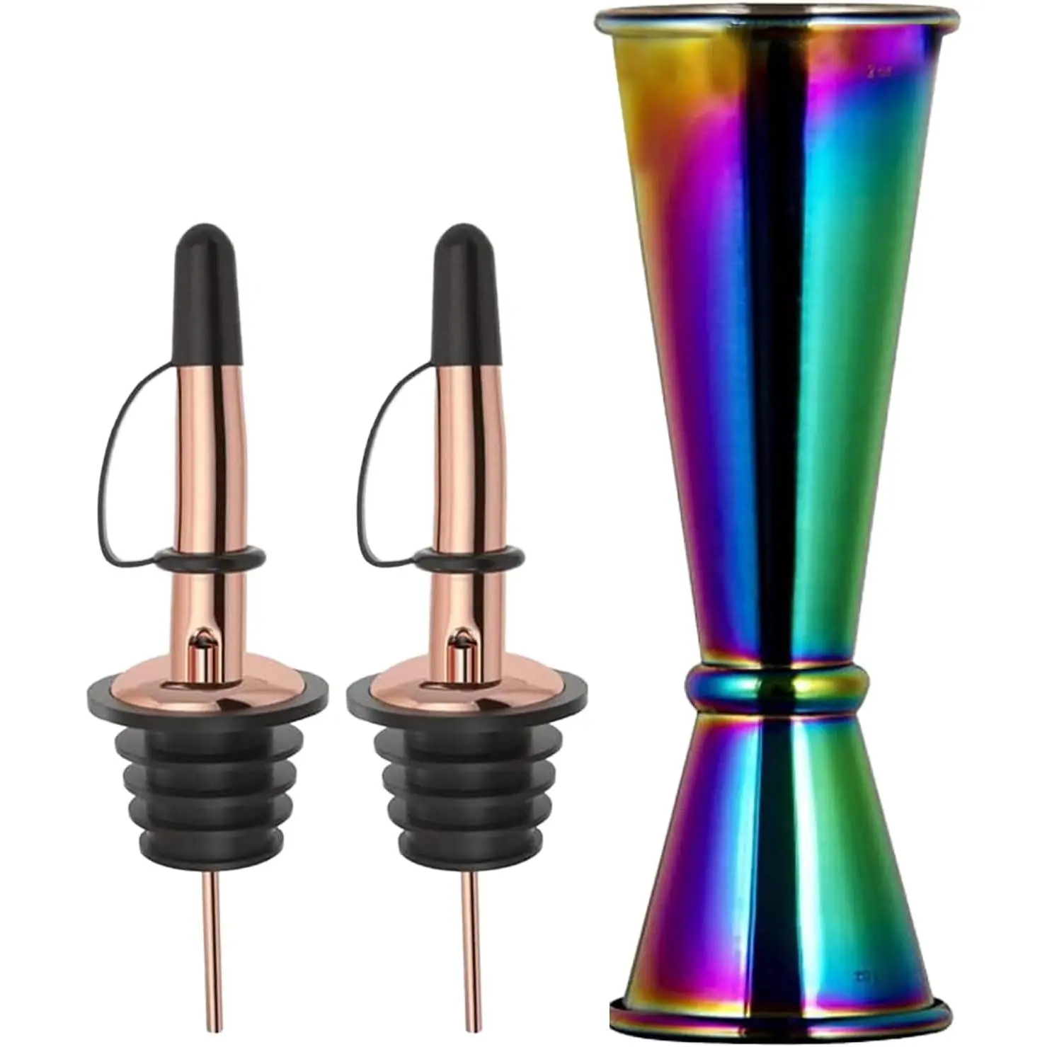 Jigger for Bartending with 2 Pourers,  Jiggers with 5 Measurements Inside, Jiggers 2 OZ 1 OZ, Shot Measure Jiggers, Bar jigger Bartender Tool Accessories, (, 1 Jigger+ 2 Pourers)
